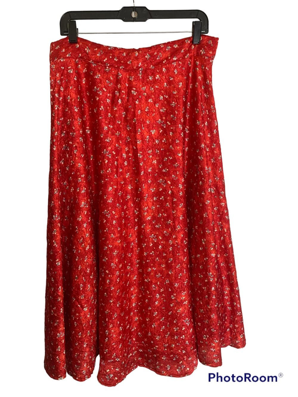 Custom Handmade Red Floral Adjustable Drawstring Zip Full Midi Skirt NWOT